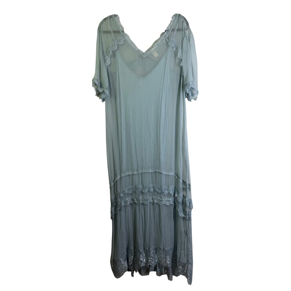 SUNDANCE Dress 16 Maxi Tiered Sheer Crinkle & Lace VNeck Slip Dress Lining Boho